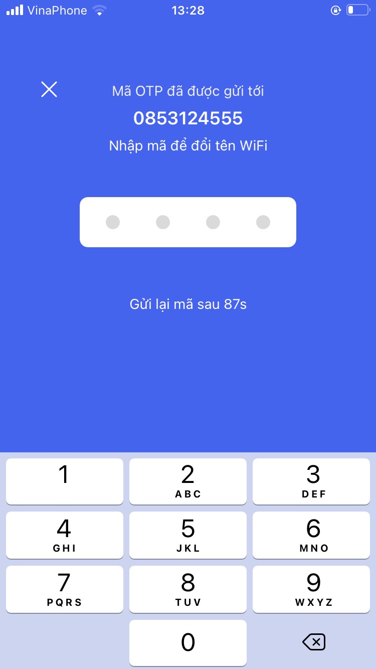Nhập mã OTP gửi về hoàn tất đổi tên wifi